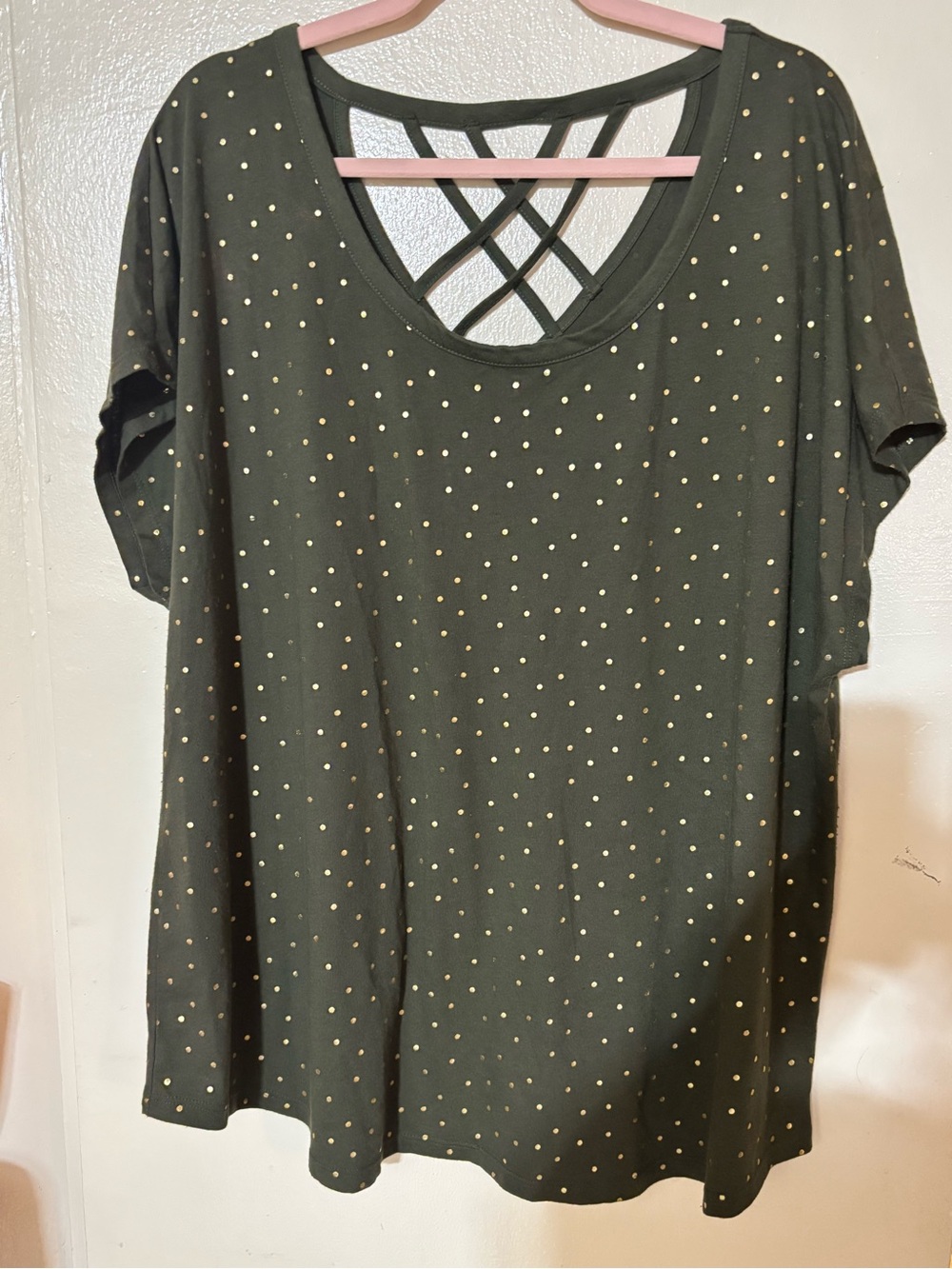 Lane Bryant Olive Green Short Sleeve Top with Gold Dot Accents.